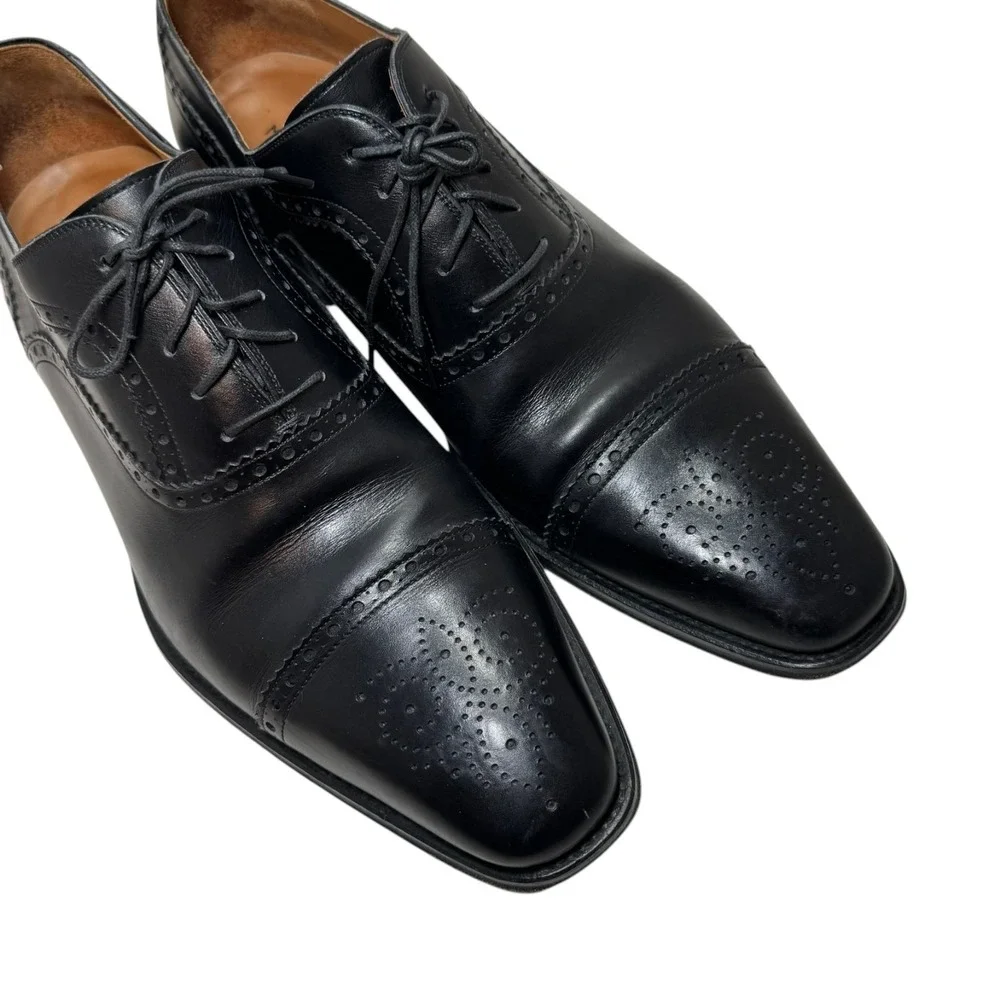 Magnanni Black Brogue Cap Toe Oxford Dress Shoes Medallion Men's 10.5 M